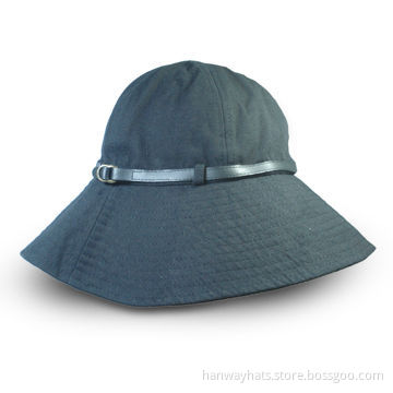 Women's Black Floppy Hat for Spring, Made of Canvas, with Genuine Leather Band, Loops and Buckle On